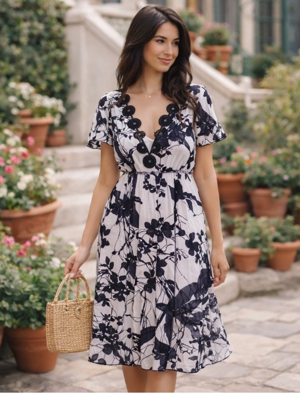 Max Edition Floral Crochet Trim Dress Black White Lined Size L